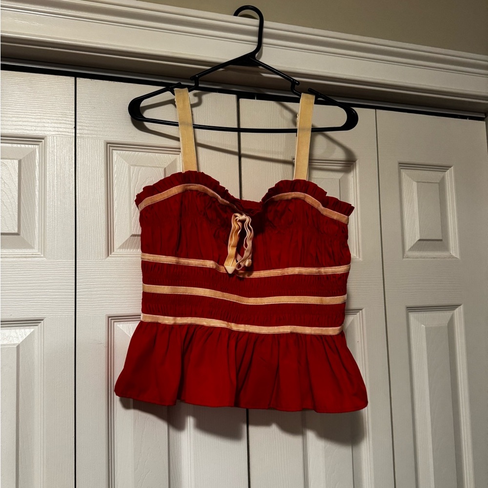 Red and Cream Striped Peplum Top